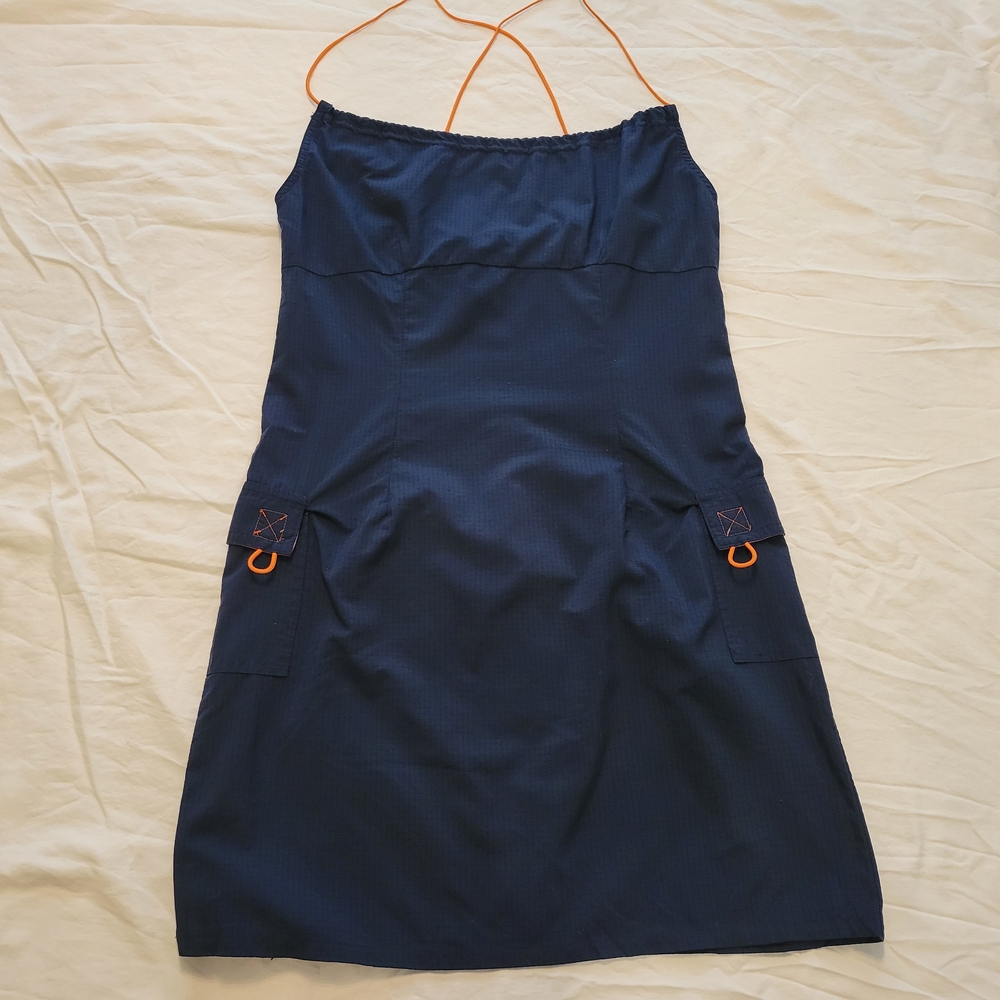 Elegant Navy Blue Dress with Orange Accents